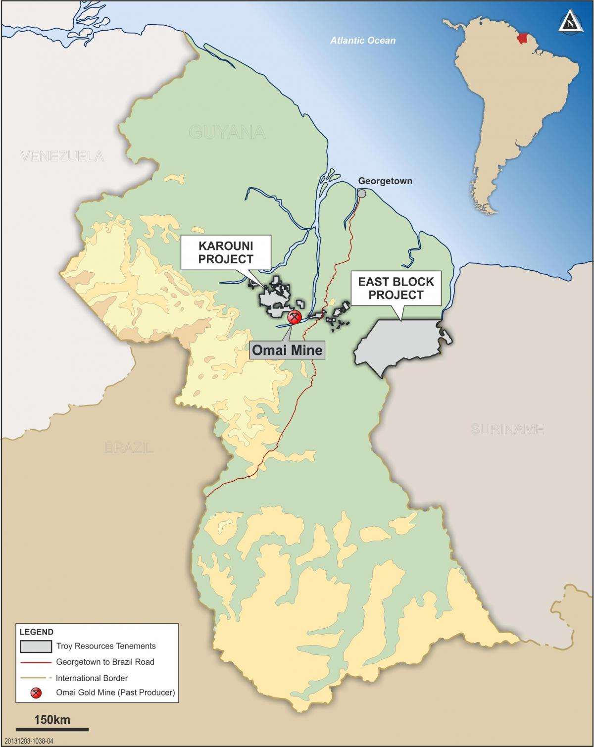 zemljevid Gvajana, ki prikazuje mineralnih surovin
