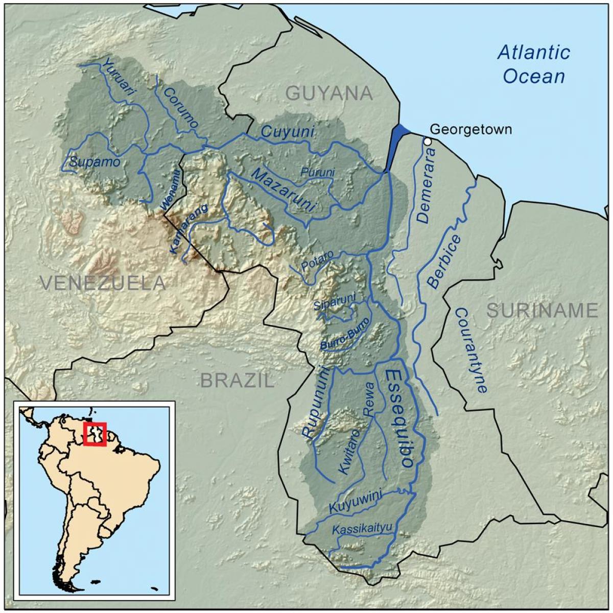 zemljevid Gvajana, ki prikazuje tri glavne reke