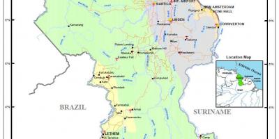 Zemljevid Gvajana, ki prikazuje 4 naravna območja