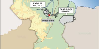 Zemljevid Gvajana, ki prikazuje mineralnih surovin